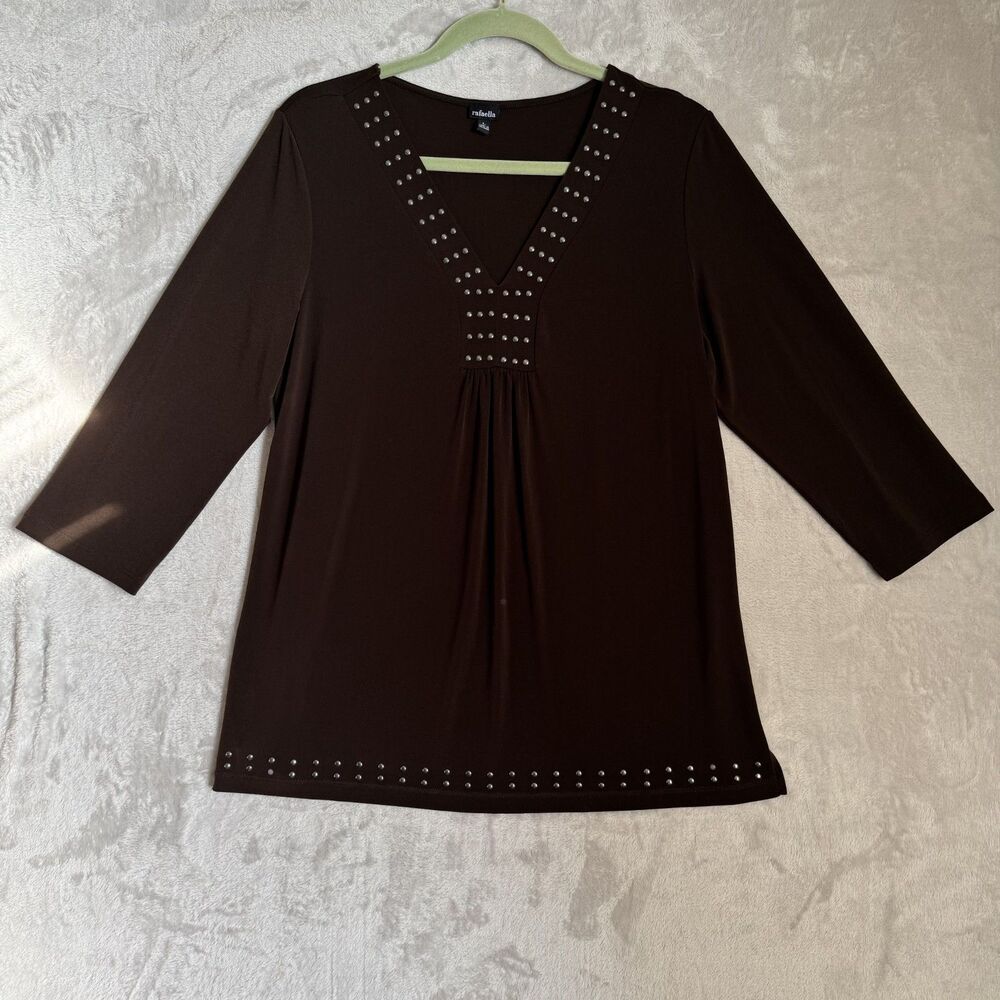 Women's Brown Studded Tunic Top Long Sleeve Casual Blouse Large Rafaella